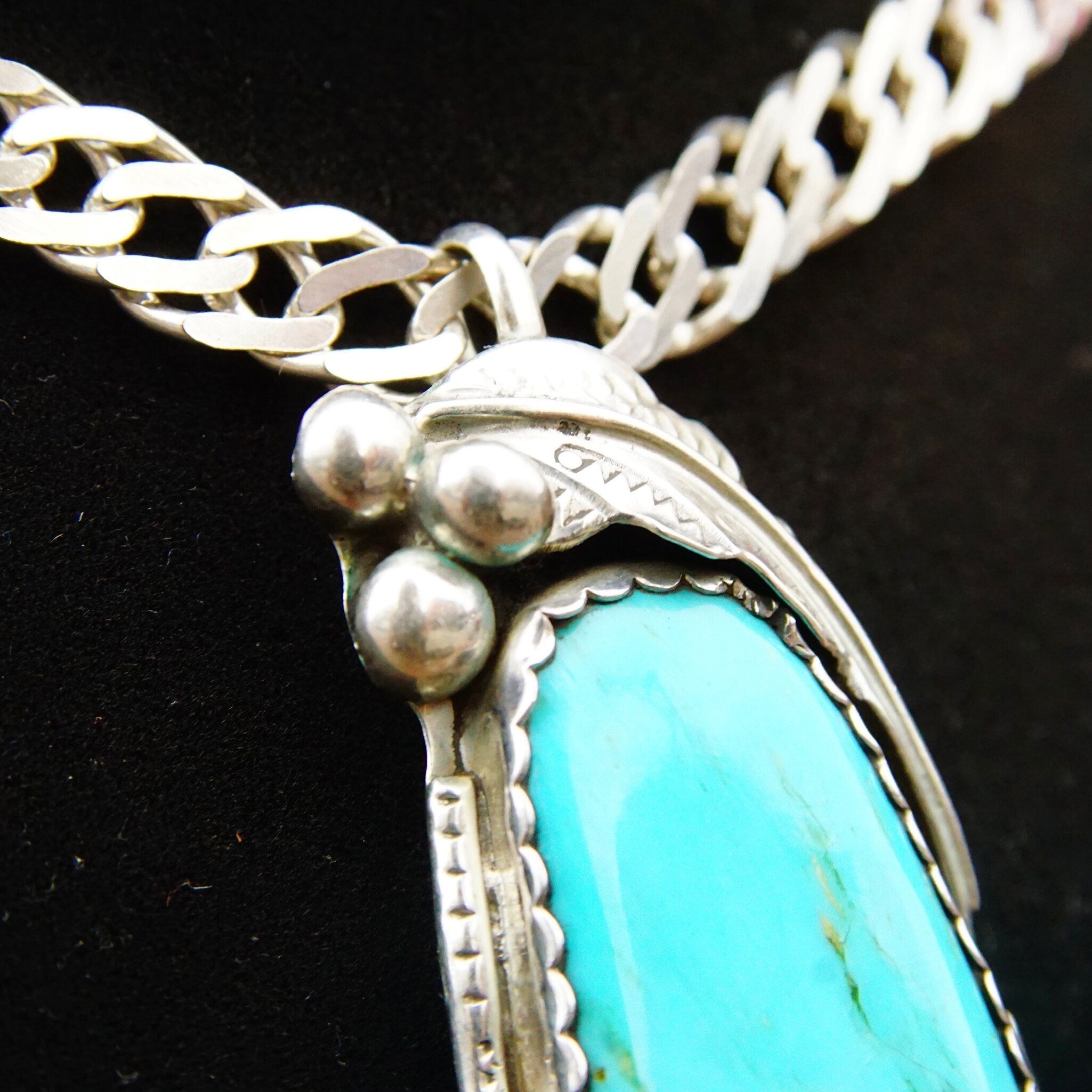 Vintage Signed Native American Sterling Silver Turquoise Pendant, E Sterling, Large Blue Turquoise Stone, Silver Leaf & Berry Design, 2 3/4"