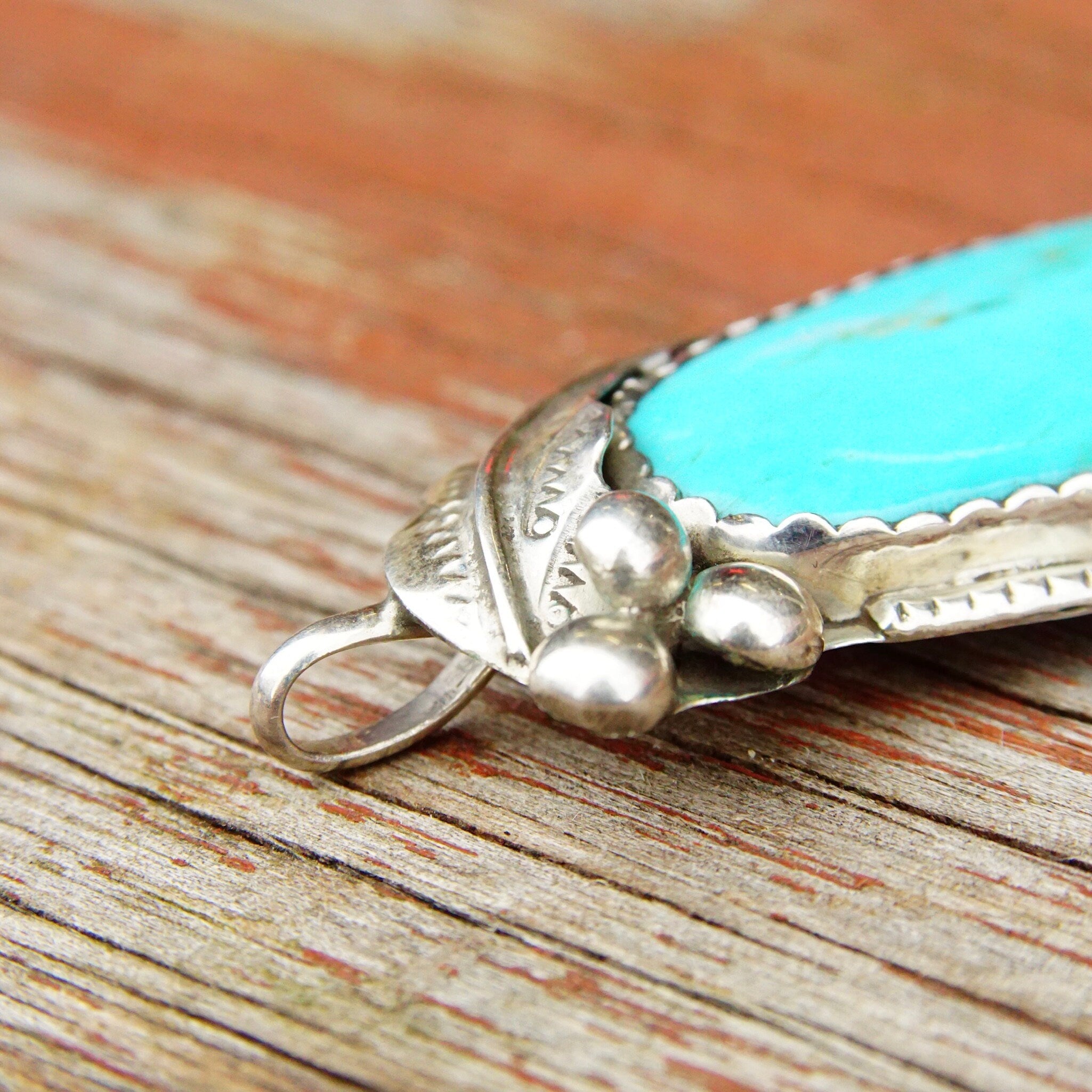 Vintage Signed Native American Sterling Silver Turquoise Pendant, E Sterling, Large Blue Turquoise Stone, Silver Leaf & Berry Design, 2 3/4"