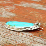 Vintage Signed Native American Sterling Silver Turquoise Pendant, E Sterling, Large Blue Turquoise Stone, Silver Leaf & Berry Design, 2 3/4"