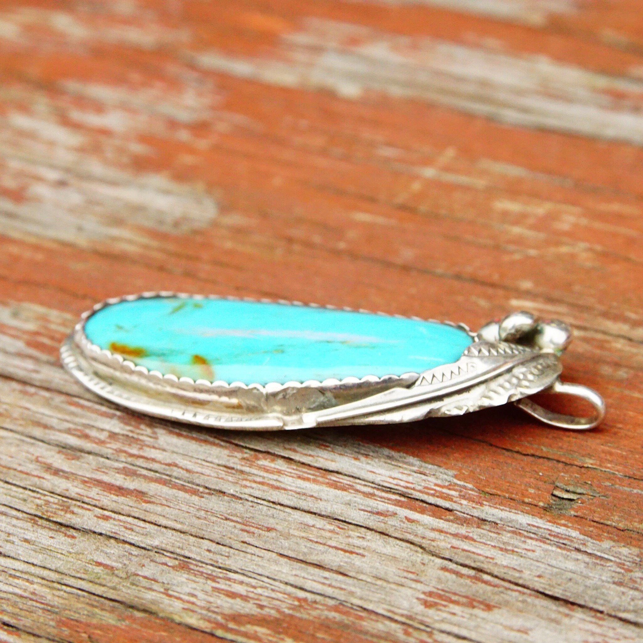 Vintage Signed Native American Sterling Silver Turquoise Pendant, E Sterling, Large Blue Turquoise Stone, Silver Leaf & Berry Design, 2 3/4"