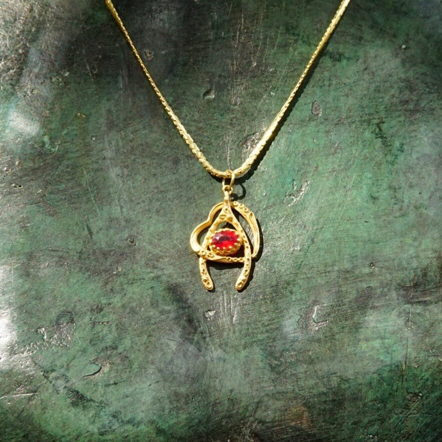 Vintage Italian 14K Gold Ruby Wishbone Heart Pendant Necklace, 2mm Flat Gold Chain, Yellow Gold Cut Out Pendant, Faceted Red Stone, 20.5" L