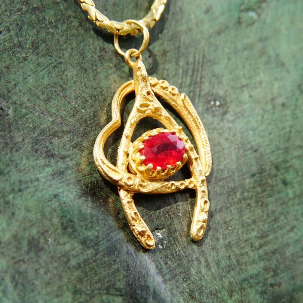 Vintage Italian 14K Gold Ruby Wishbone Heart Pendant Necklace, 2mm Flat Gold Chain, Yellow Gold Cut Out Pendant, Faceted Red Stone, 20.5" L