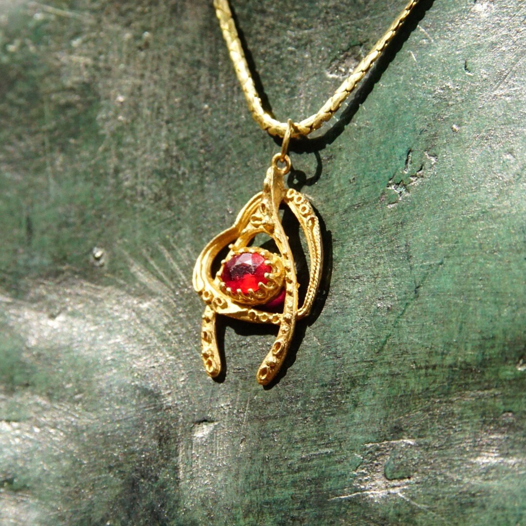 Vintage Italian 14K Gold Ruby Wishbone Heart Pendant Necklace, 2mm Flat Gold Chain, Yellow Gold Cut Out Pendant, Faceted Red Stone, 20.5" L