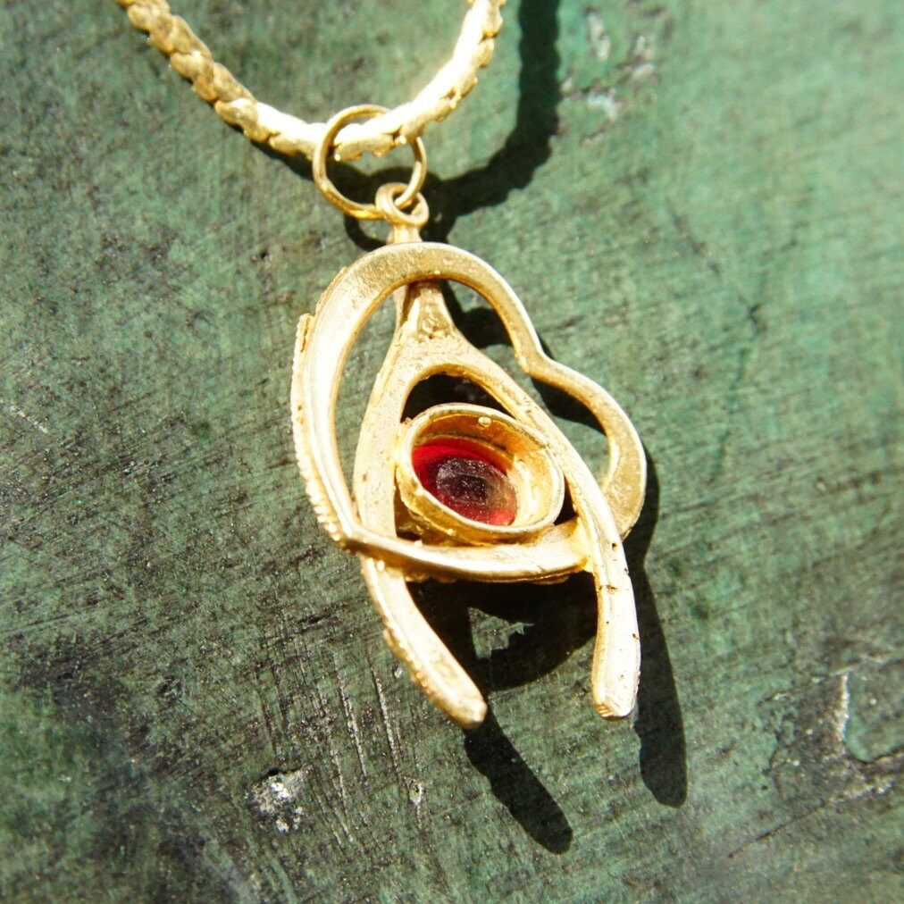 Vintage Italian 14K Gold Ruby Wishbone Heart Pendant Necklace, 2mm Flat Gold Chain, Yellow Gold Cut Out Pendant, Faceted Red Stone, 20.5" L