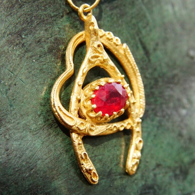 Vintage Italian 14K Gold Ruby Wishbone Heart Pendant Necklace, 2mm Flat Gold Chain, Yellow Gold Cut Out Pendant, Faceted Red Stone, 20.5" L