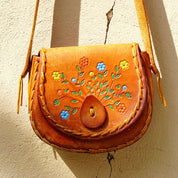 Vintage 70's Tooled Leather Shoulder Bag With Colorful Flower Design, Hand Made/Hand Painted Woven Leather Purse W/ Long Tan Leather Strap