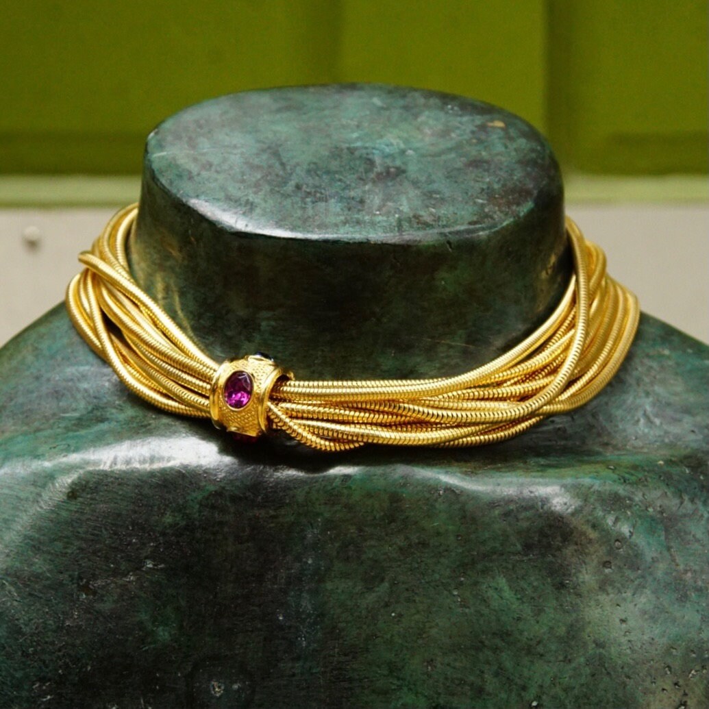 Vintage Rau Klikit Chunky Gold Tone Multi-Strand Choker Necklace, Multi-Color Gem Charm, 3mm Round Snake Chains, Button Clasp, 15 3/4" L