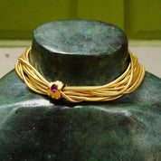 Vintage Rau Klikit Chunky Gold Tone Multi-Strand Choker Necklace, Multi-Color Gem Charm, 3mm Round Snake Chains, Button Clasp, 15 3/4" L