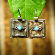 Vintage Signed Didae Sterling Silver Opal Dangle Earrings, Handmade Square Crinkle Latch Hook Earrings, Small Blue Opal Stones, 925 Jewelry