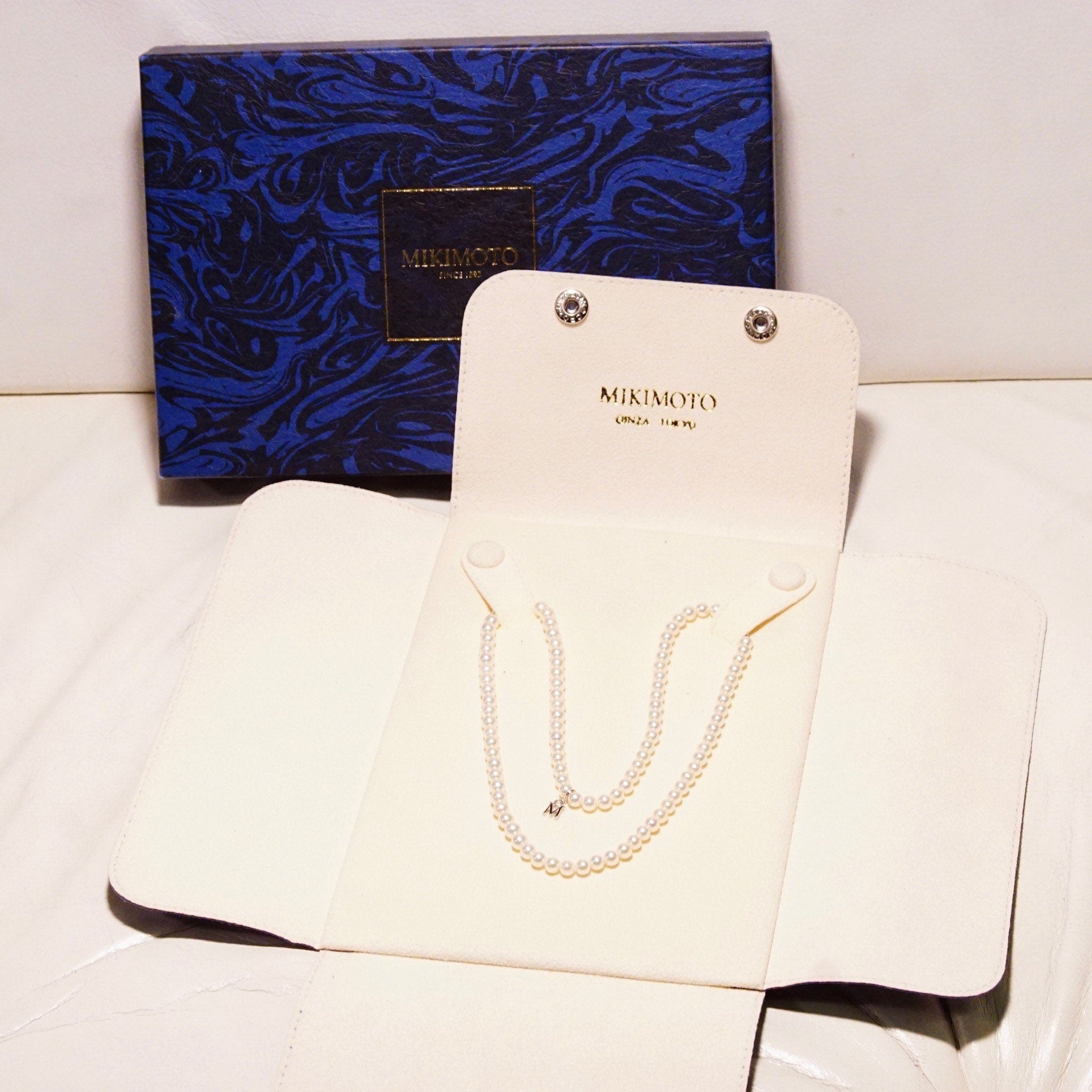 Vintage Mikimoto Cultured Pearl Necklace With 18K White Gold Charm & Clasp In Original Box, 4.5mm Pearls, Japanese Designer, 16.5" Long