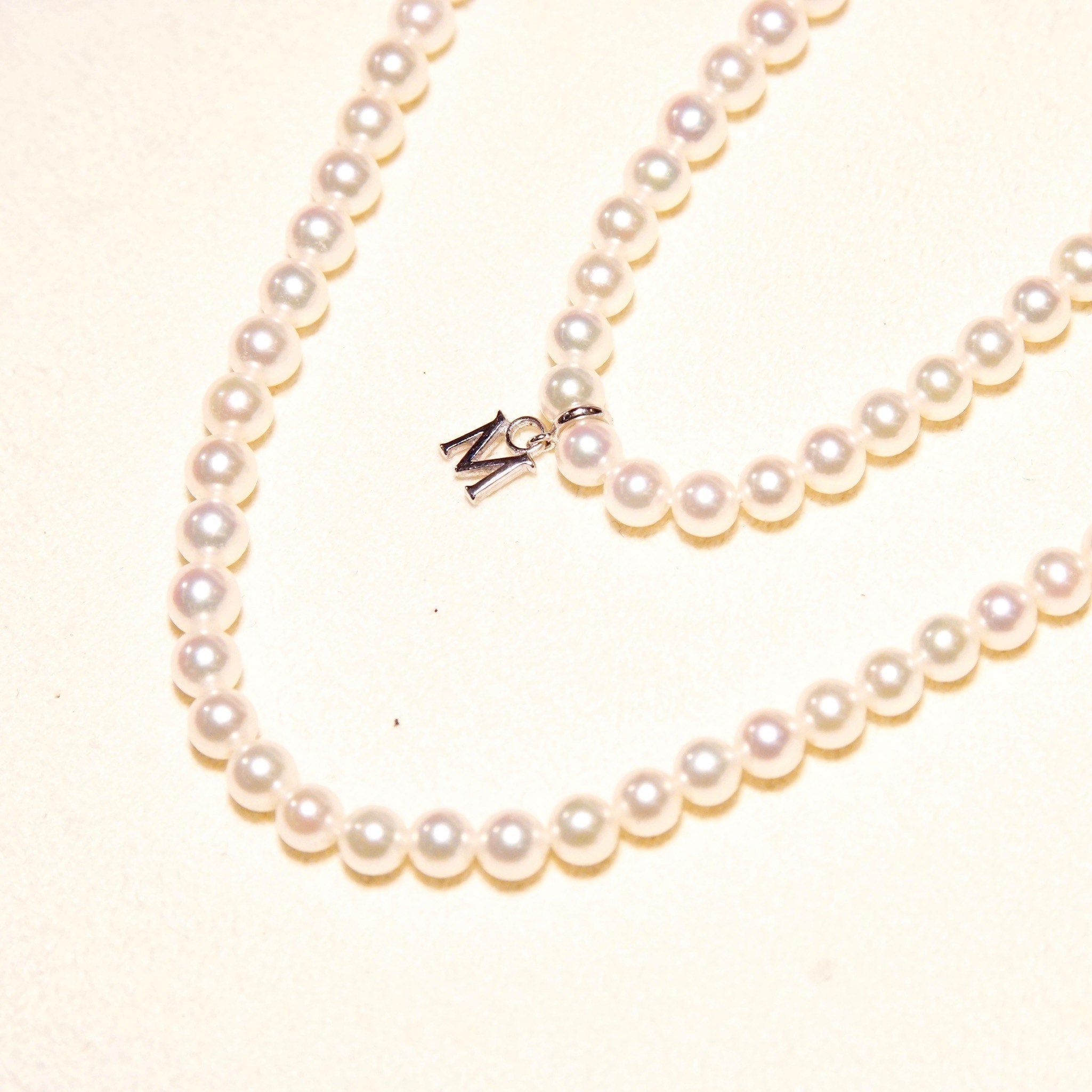 Vintage Mikimoto Cultured Pearl Necklace With 18K White Gold Charm & Clasp In Original Box, 4.5mm Pearls, Japanese Designer, 16.5" Long