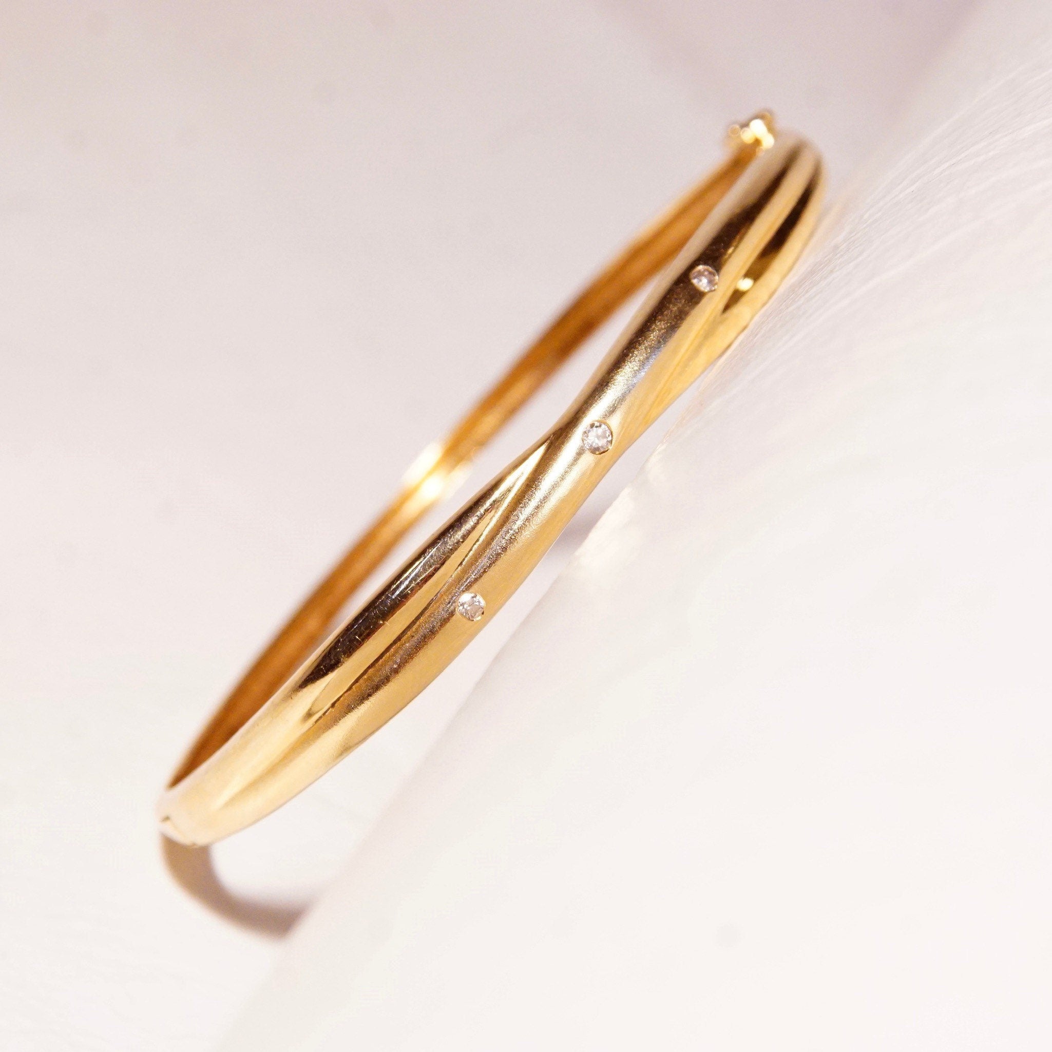 Vintage 14K Gold Diamond Bangle Bracelet, Yellow Gold Criss Cross Bangle With Accent Diamonds, .06 CT Brilliant Diamonds, 6 1/4" L