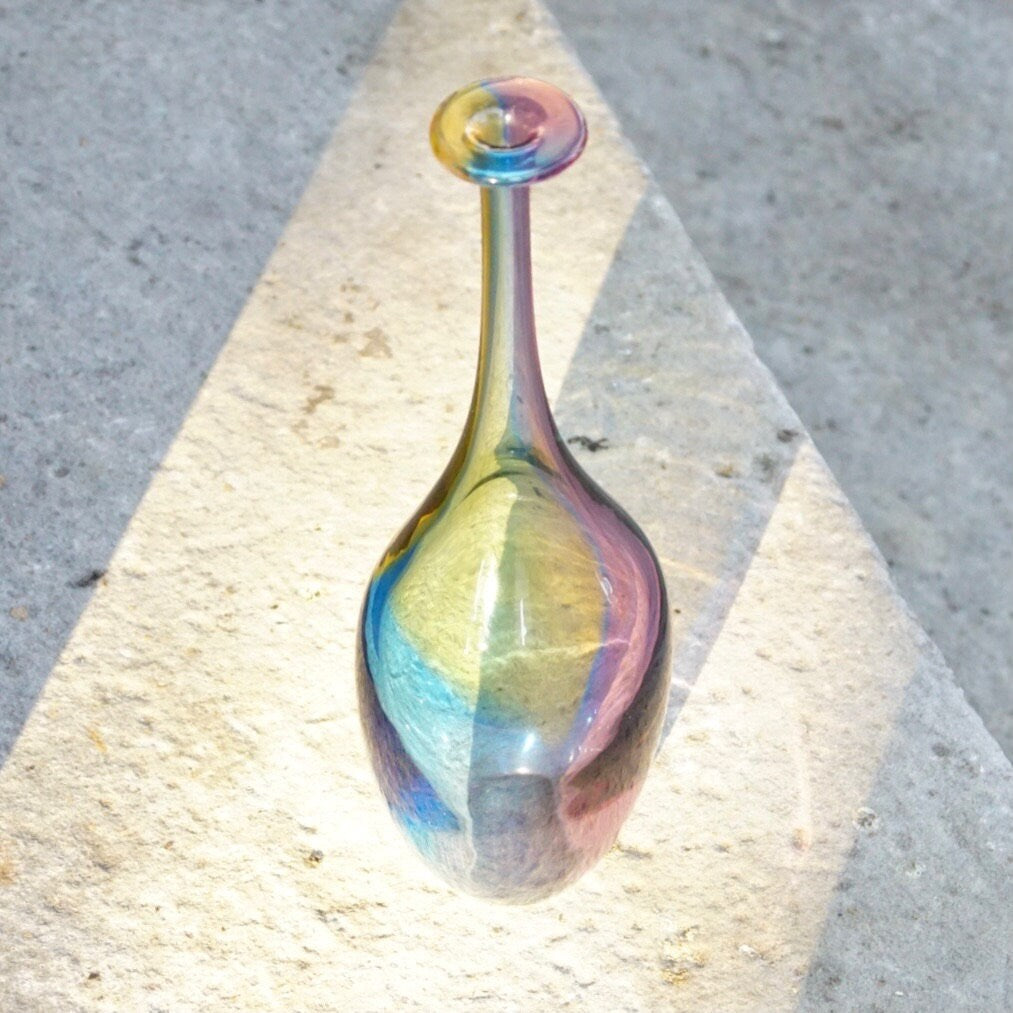 Vintage Signed Kosta Boda K. Engam Art Glass Fidji Vase #7008838, Iridescent Blown Glass Bud Vase, Mid-Century Accent Flower Vase, 11.5" H