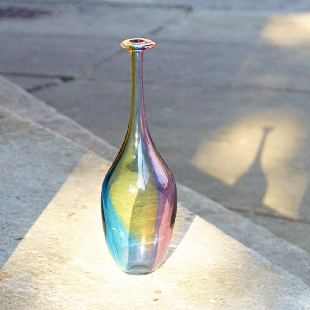 Vintage Signed Kosta Boda K. Engam Art Glass Fidji Vase #7008838, Iridescent Blown Glass Bud Vase, Mid-Century Accent Flower Vase, 11.5" H