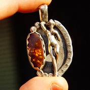 Vintage Signed Fire Agate Sterling Silver Nude Figure Pendant, Hammered Silver Frame, Nude Woman Pendant, Unique Brown Gemstone, 1 3/4"