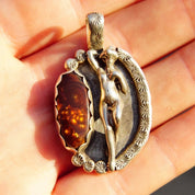 Vintage Signed Fire Agate Sterling Silver Nude Figure Pendant, Hammered Silver Frame, Nude Woman Pendant, Unique Brown Gemstone, 1 3/4"