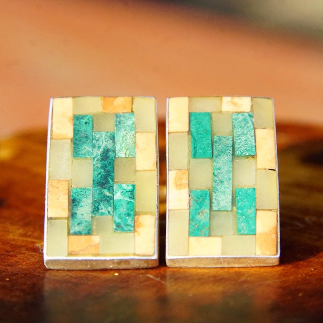 Vintage Signed MMA 925 Stone Inlay Stud Earrings, 1" Rectangular Sterling Silver Earrings, Multi-Color Mosaic Stone Design, Intarsia Inlay