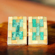 Vintage Signed MMA 925 Stone Inlay Stud Earrings, 1" Rectangular Sterling Silver Earrings, Multi-Color Mosaic Stone Design, Intarsia Inlay