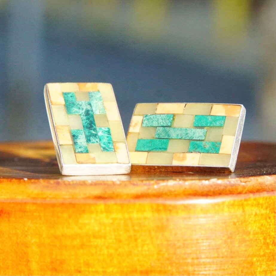 Vintage Signed MMA 925 Stone Inlay Stud Earrings, 1" Rectangular Sterling Silver Earrings, Multi-Color Mosaic Stone Design, Intarsia Inlay