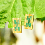 Vintage Signed MMA 925 Stone Inlay Stud Earrings, 1" Rectangular Sterling Silver Earrings, Multi-Color Mosaic Stone Design, Intarsia Inlay
