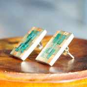 Vintage Signed MMA 925 Stone Inlay Stud Earrings, 1" Rectangular Sterling Silver Earrings, Multi-Color Mosaic Stone Design, Intarsia Inlay