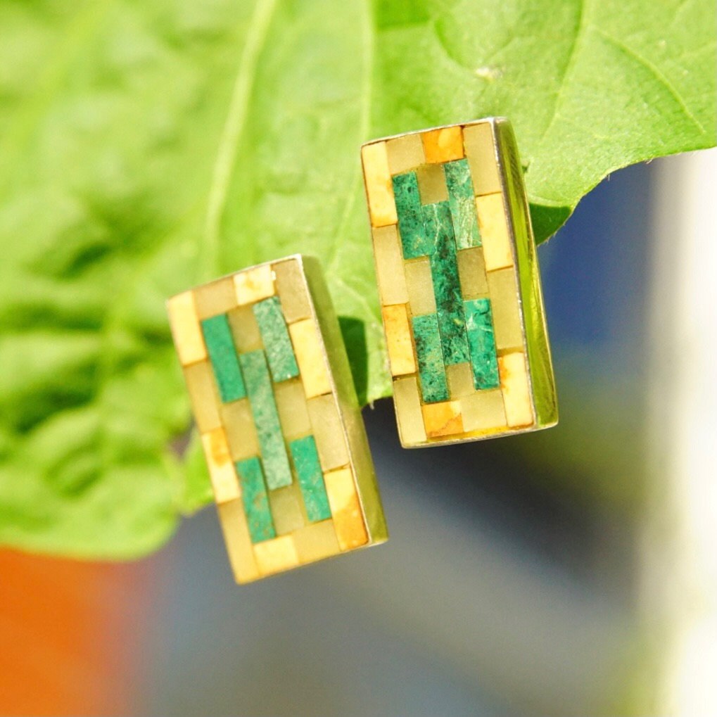 Vintage Signed MMA 925 Stone Inlay Stud Earrings, 1" Rectangular Sterling Silver Earrings, Multi-Color Mosaic Stone Design, Intarsia Inlay