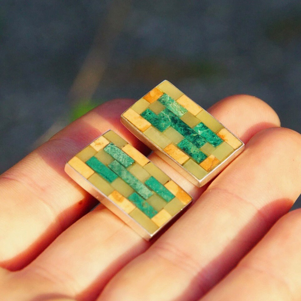 Vintage Signed MMA 925 Stone Inlay Stud Earrings, 1" Rectangular Sterling Silver Earrings, Multi-Color Mosaic Stone Design, Intarsia Inlay