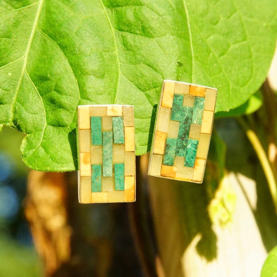 Vintage Signed MMA 925 Stone Inlay Stud Earrings, 1" Rectangular Sterling Silver Earrings, Multi-Color Mosaic Stone Design, Intarsia Inlay