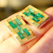 Vintage Signed MMA 925 Stone Inlay Stud Earrings, 1" Rectangular Sterling Silver Earrings, Multi-Color Mosaic Stone Design, Intarsia Inlay