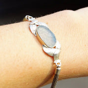 Vintage Blue Druzy Quartz Sterling Silver Rope Chain Bracelet, Silver Leaf Design, Translucent Light Blue Textured Gemstone, 7" - 8" Long