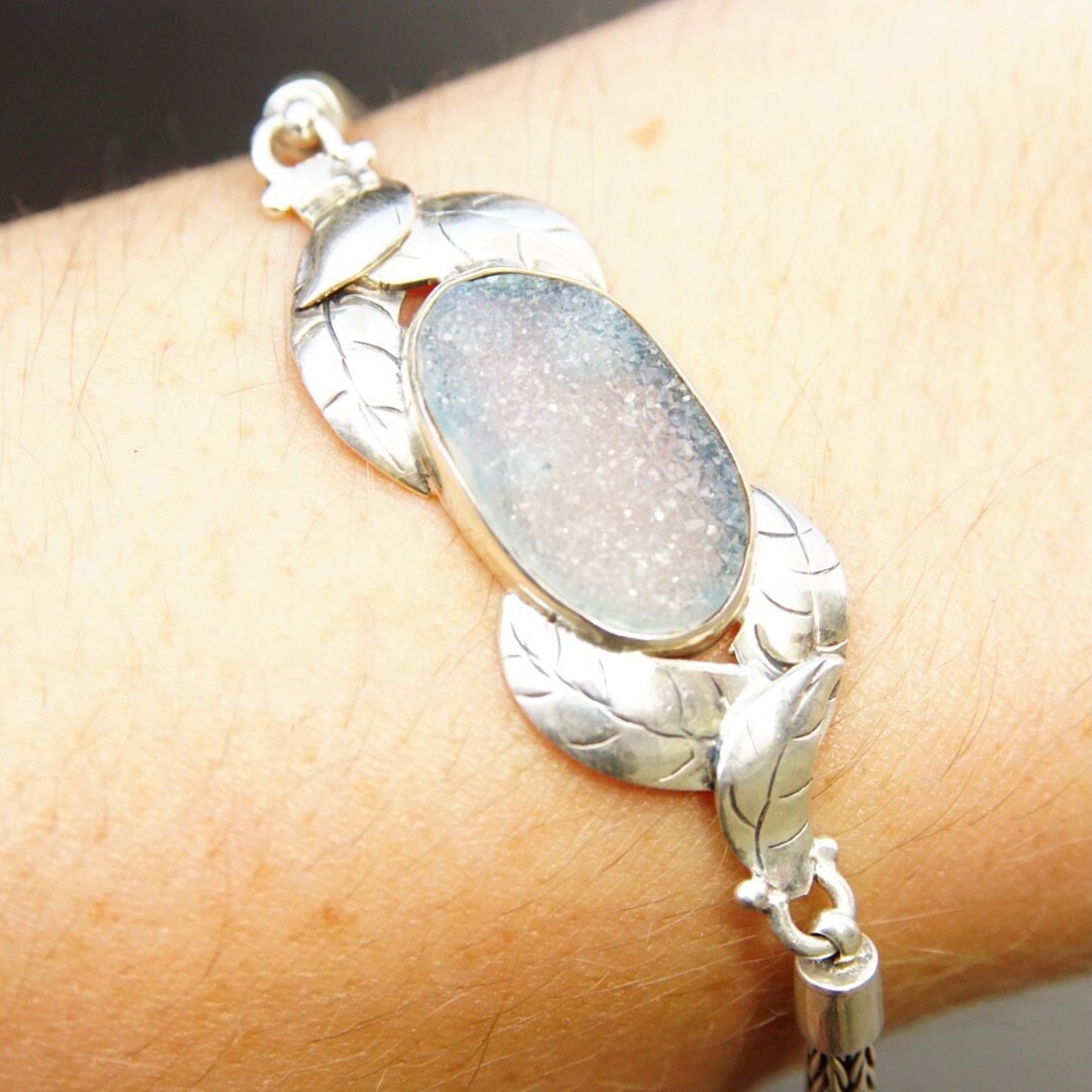 Vintage Blue Druzy Quartz Sterling Silver Rope Chain Bracelet, Silver Leaf Design, Translucent Light Blue Textured Gemstone, 7" - 8" Long