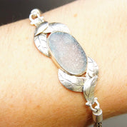 Vintage Blue Druzy Quartz Sterling Silver Rope Chain Bracelet, Silver Leaf Design, Translucent Light Blue Textured Gemstone, 7" - 8" Long