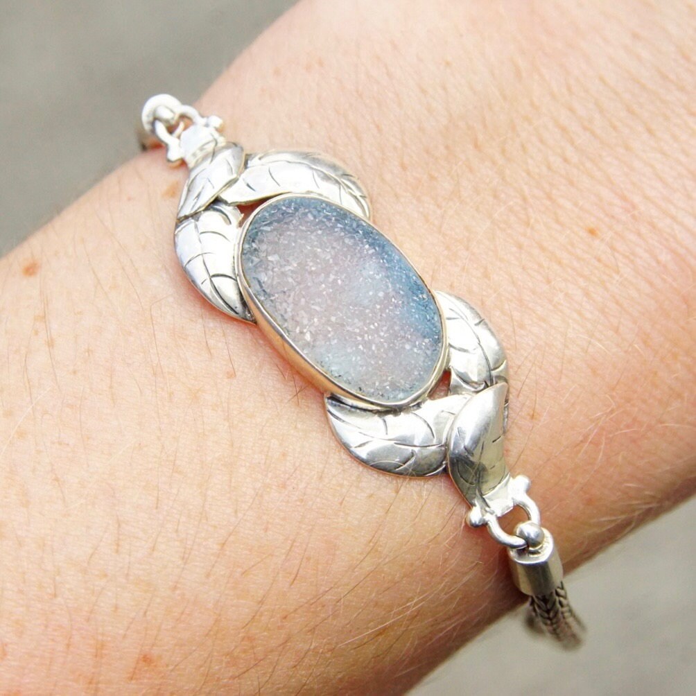 Vintage Blue Druzy Quartz Sterling Silver Rope Chain Bracelet, Silver Leaf Design, Translucent Light Blue Textured Gemstone, 7" - 8" Long