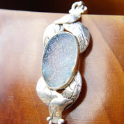 Vintage Blue Druzy Quartz Sterling Silver Rope Chain Bracelet, Silver Leaf Design, Translucent Light Blue Textured Gemstone, 7" - 8" Long