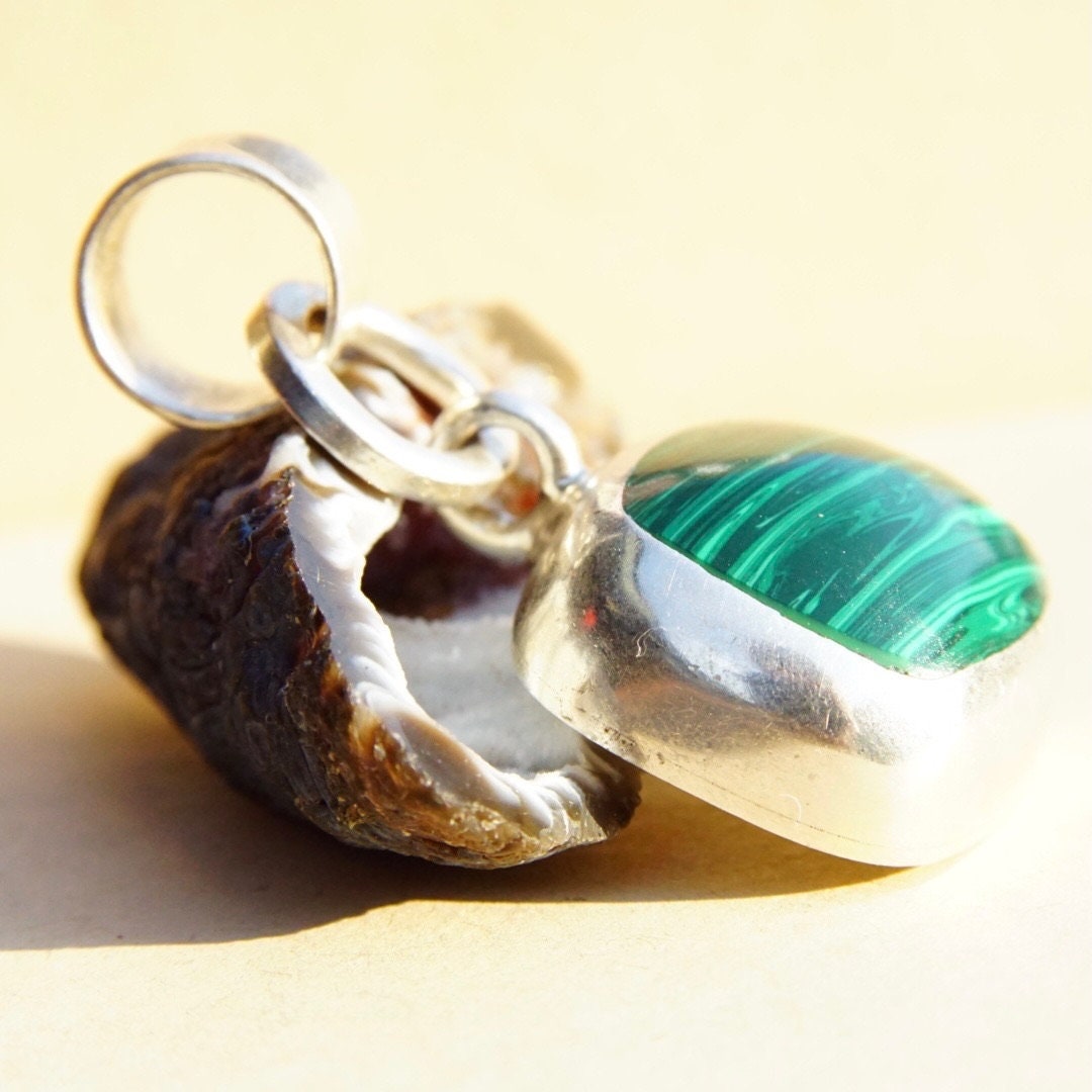 Vintage TAXCO Sterling Silver & Malachite Pendant, Modernist Silver Pendant, Banded Malachite Stone, Double Loop Necklace Bail, Mexico 925