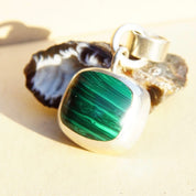 Vintage TAXCO Sterling Silver & Malachite Pendant, Modernist Silver Pendant, Banded Malachite Stone, Double Loop Necklace Bail, Mexico 925