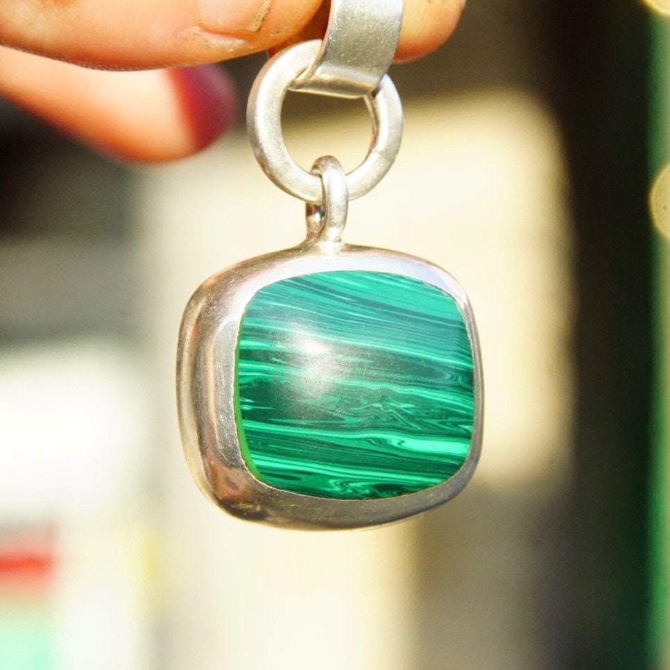 Vintage TAXCO Sterling Silver & Malachite Pendant, Modernist Silver Pendant, Banded Malachite Stone, Double Loop Necklace Bail, Mexico 925