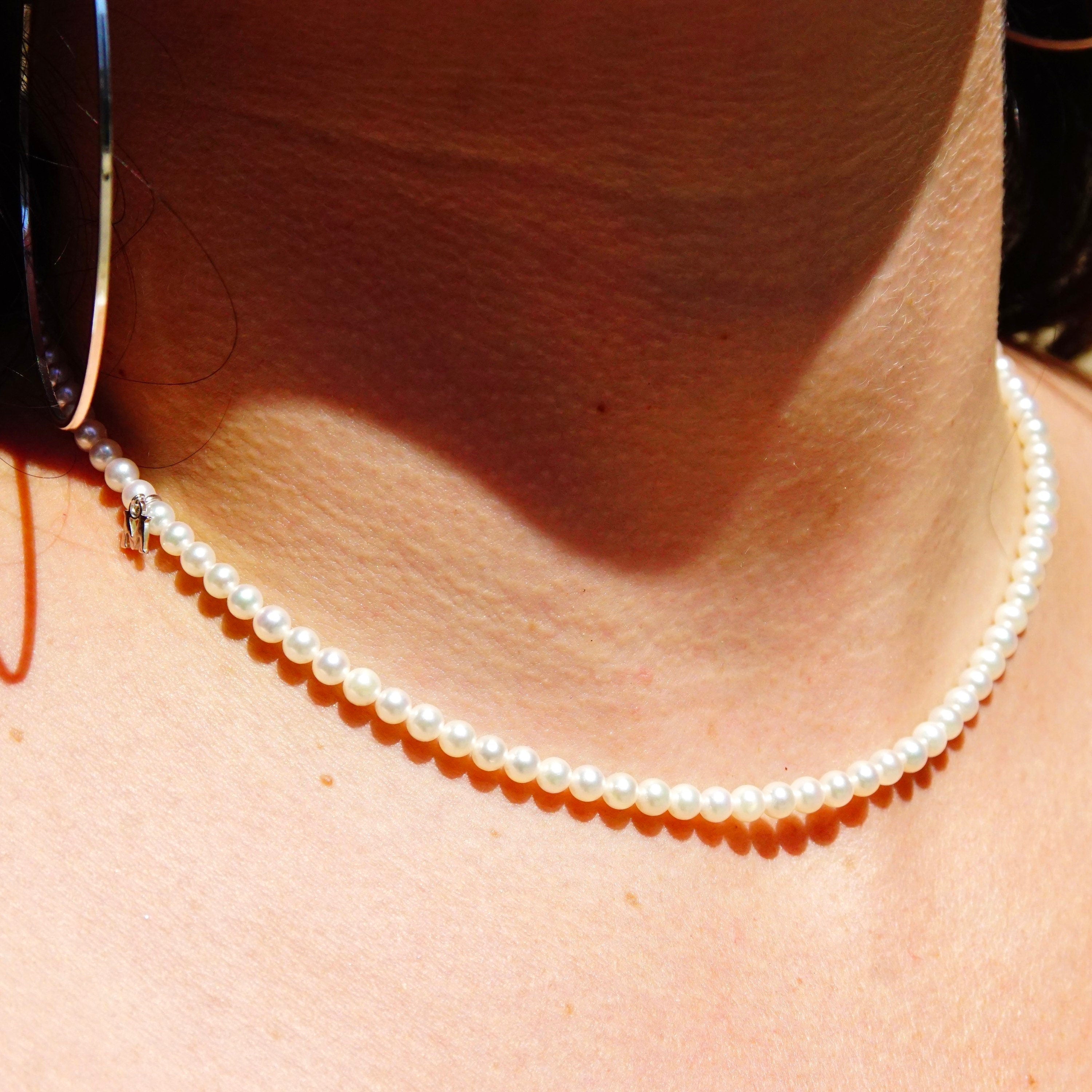 Vintage Mikimoto Cultured Pearl Necklace With 18K White Gold Charm & Clasp In Original Box, 4.5mm Pearls, Japanese Designer, 16.5" Long