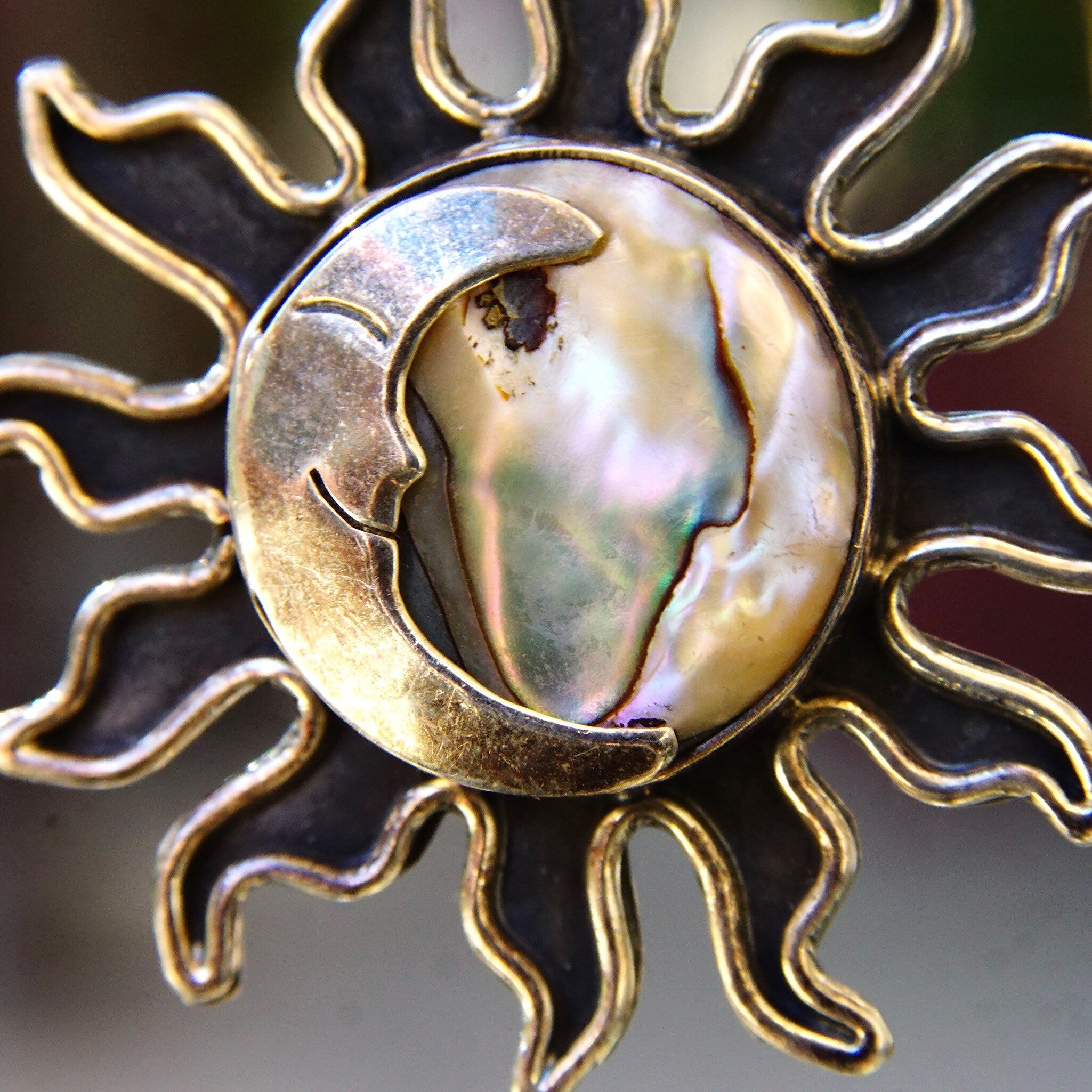Vintage Sterling Silver Abalone Sun & Moon Pendant, Oxidized Silver Sun Pendant, Iridescent Shell With Silver Moon Overlay, Mexico 925