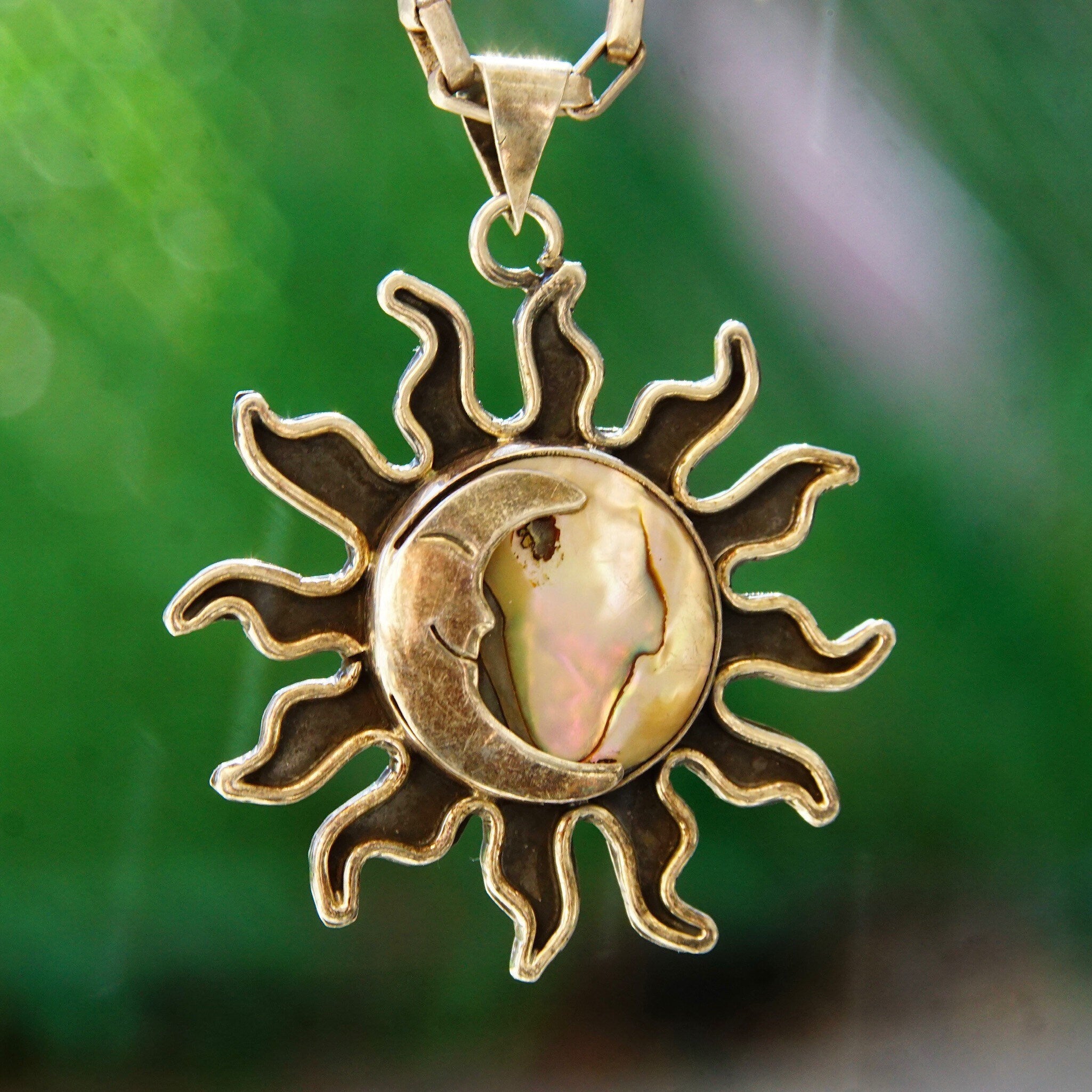 Vintage Sterling Silver Abalone Sun & Moon Pendant, Oxidized Silver Sun Pendant, Iridescent Shell With Silver Moon Overlay, Mexico 925