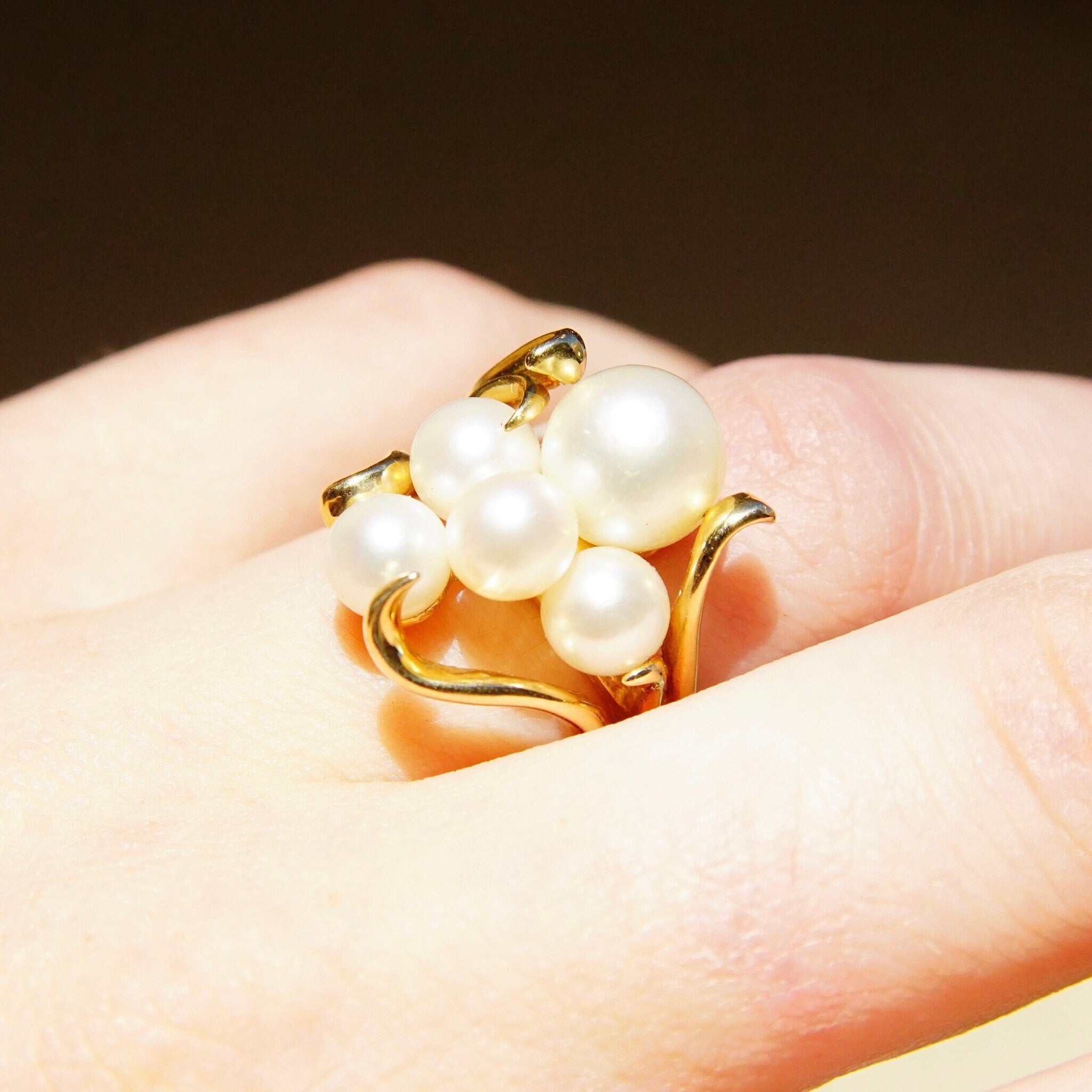Vintage 14K Yellow Gold Pearl Cluster Ring, 5 Iridescent Pearls In Ornate Gold Setting, Art Deco/Nouveau, Hallmarked Lebold, Size 6 3/4 US