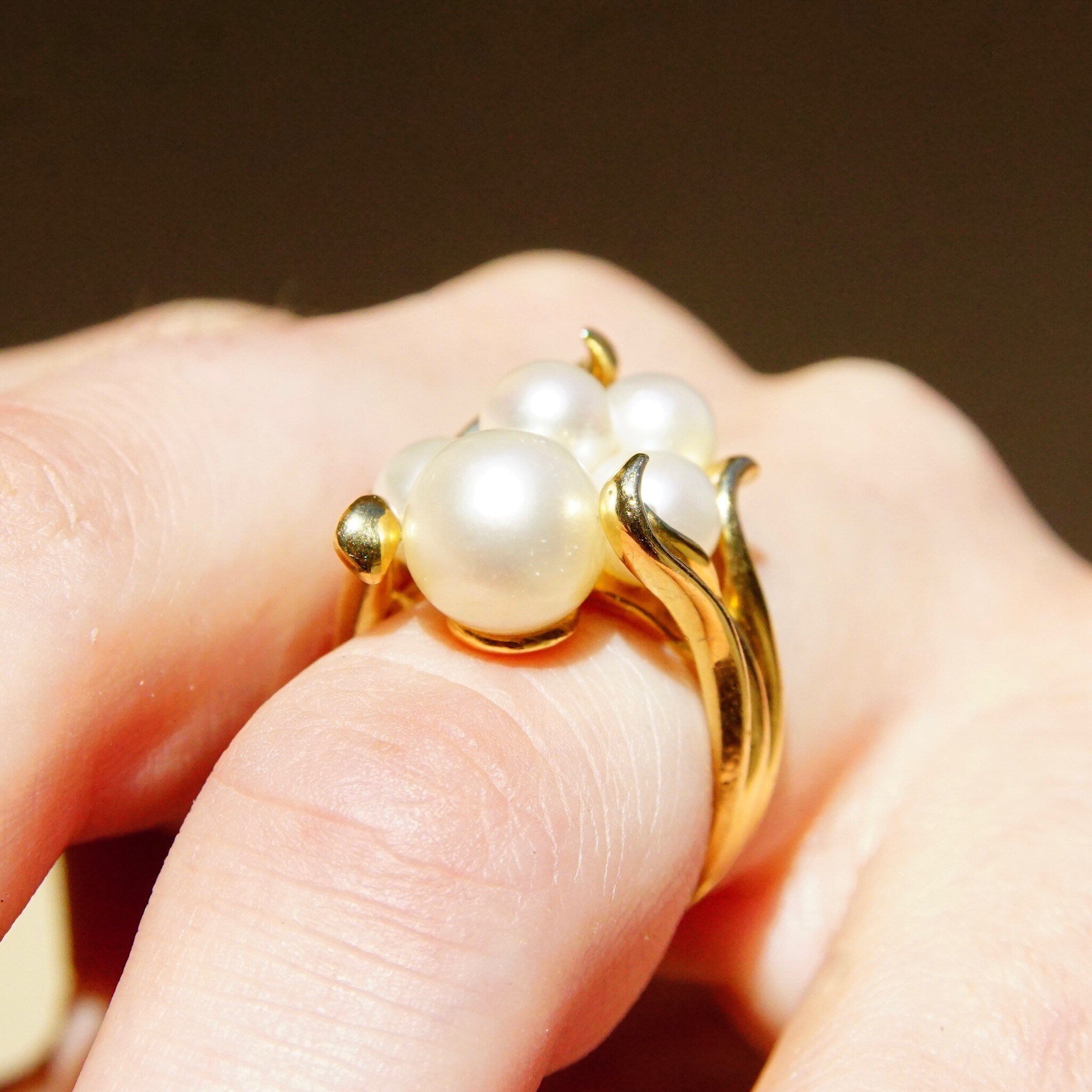 Vintage 14K Yellow Gold Pearl Cluster Ring, 5 Iridescent Pearls In Ornate Gold Setting, Art Deco/Nouveau, Hallmarked Lebold, Size 6 3/4 US