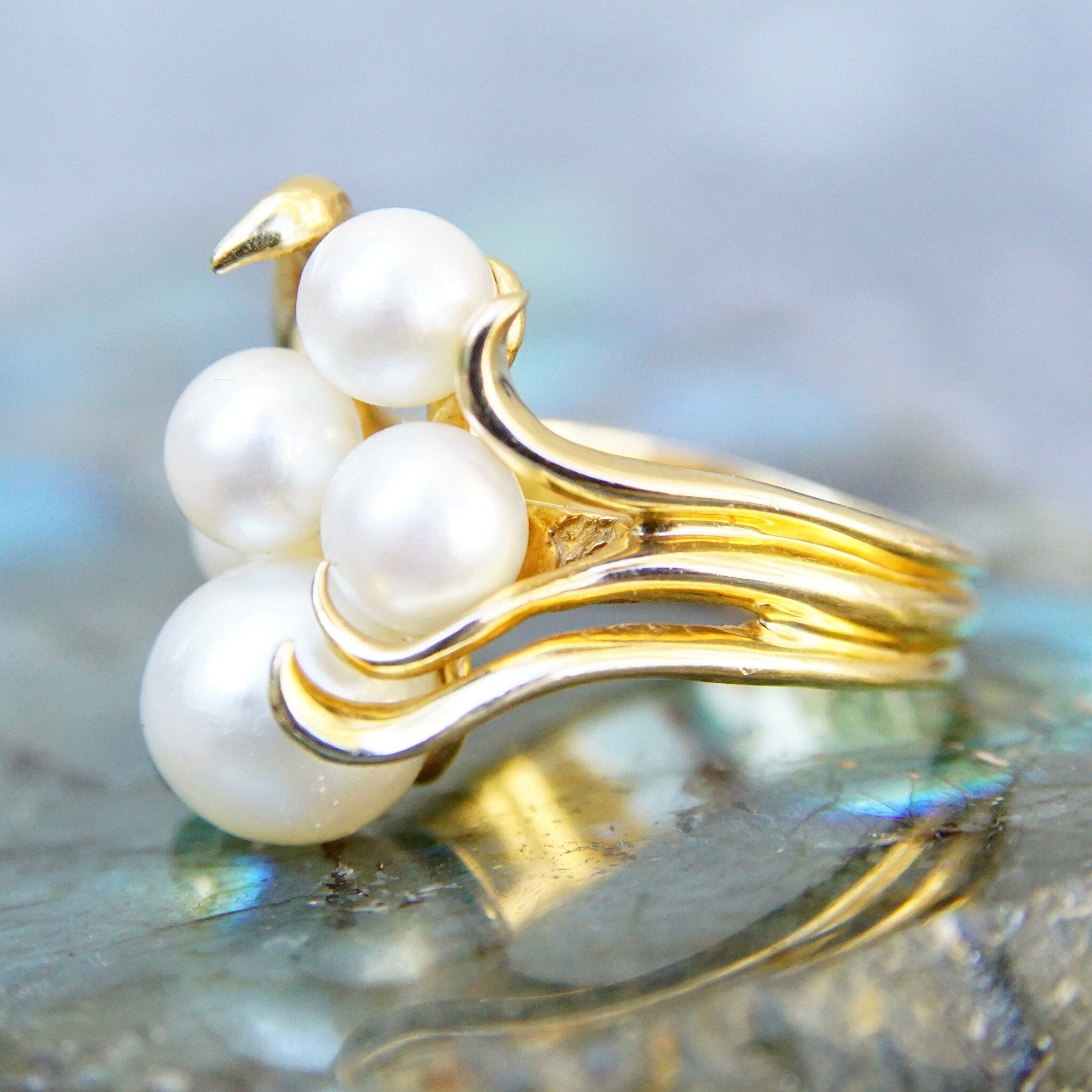 Vintage 14K Yellow Gold Pearl Cluster Ring, 5 Iridescent Pearls In Ornate Gold Setting, Art Deco/Nouveau, Hallmarked Lebold, Size 6 3/4 US