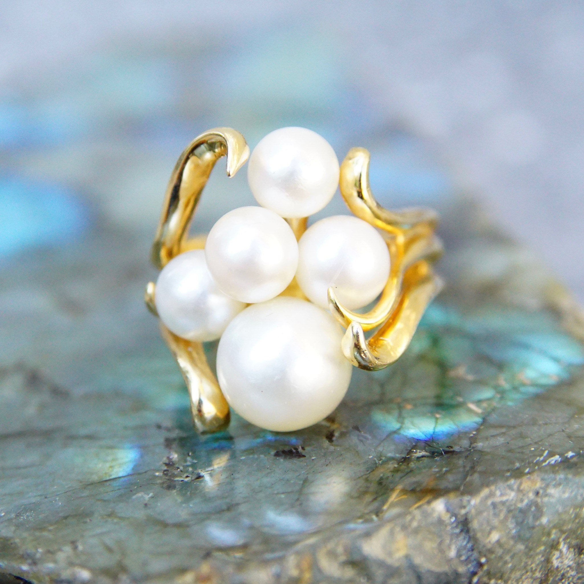 Vintage 14K Yellow Gold Pearl Cluster Ring, 5 Iridescent Pearls In Ornate Gold Setting, Art Deco/Nouveau, Hallmarked Lebold, Size 6 3/4 US
