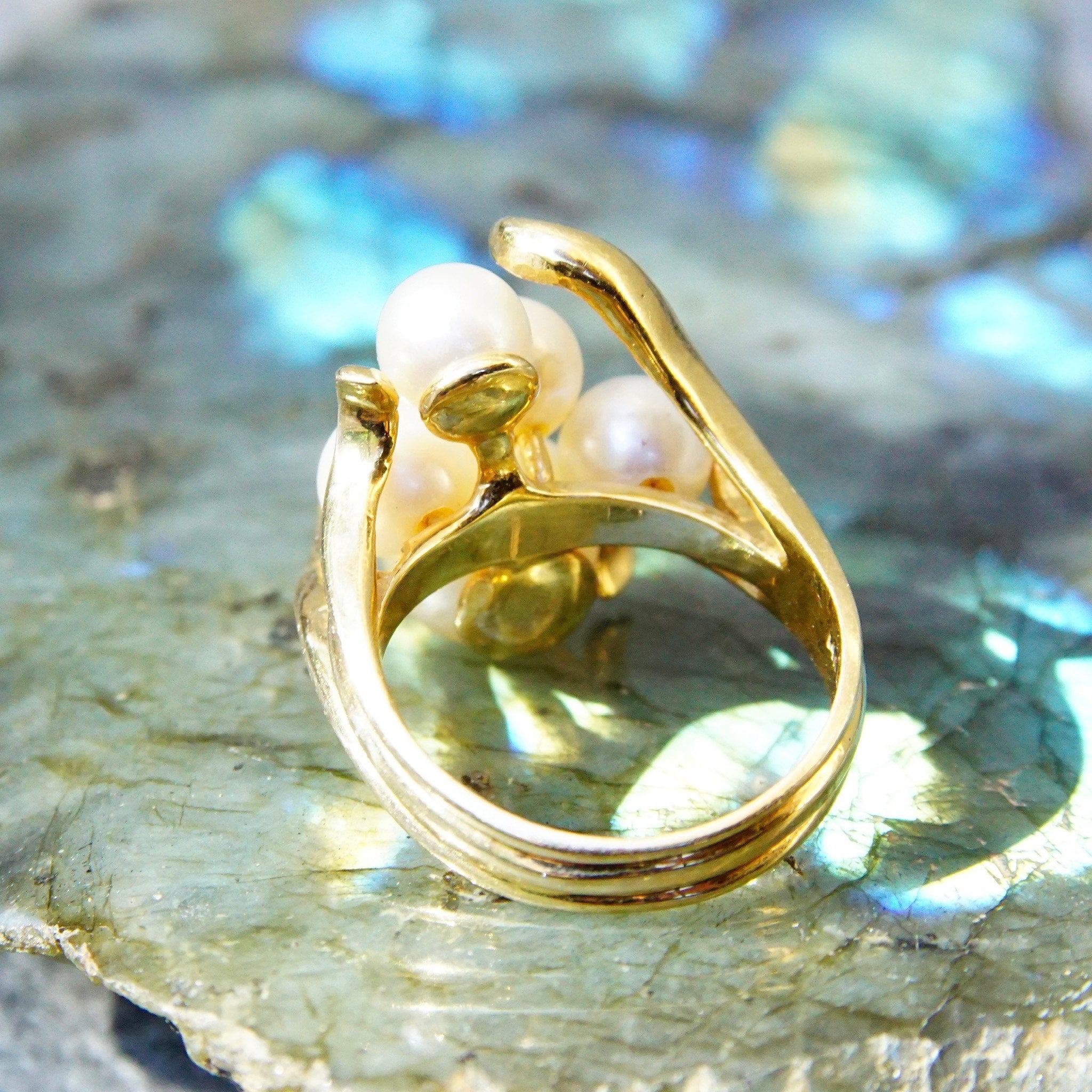 Vintage 14K Yellow Gold Pearl Cluster Ring, 5 Iridescent Pearls In Ornate Gold Setting, Art Deco/Nouveau, Hallmarked Lebold, Size 6 3/4 US
