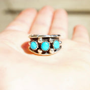 Vintage Signed ML Sterling Silver 3-Stone Turquoise Ring, Accent Silver Drops, Oxidized/Hammered Details, Native American, Size 8 1/4 US