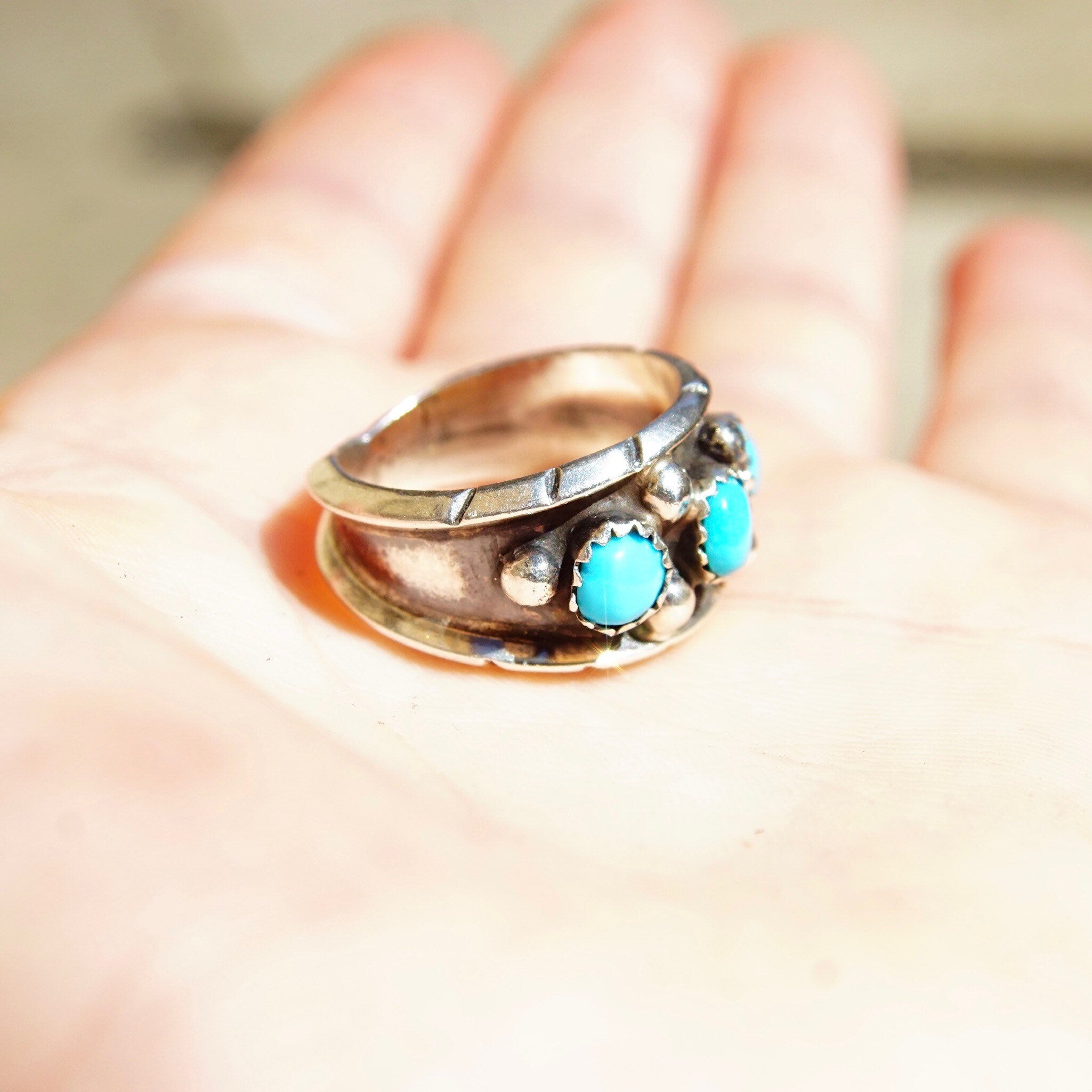 Vintage Signed ML Sterling Silver 3-Stone Turquoise Ring, Accent Silver Drops, Oxidized/Hammered Details, Native American, Size 8 1/4 US