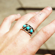 Vintage Signed ML Sterling Silver 3-Stone Turquoise Ring, Accent Silver Drops, Oxidized/Hammered Details, Native American, Size 8 1/4 US