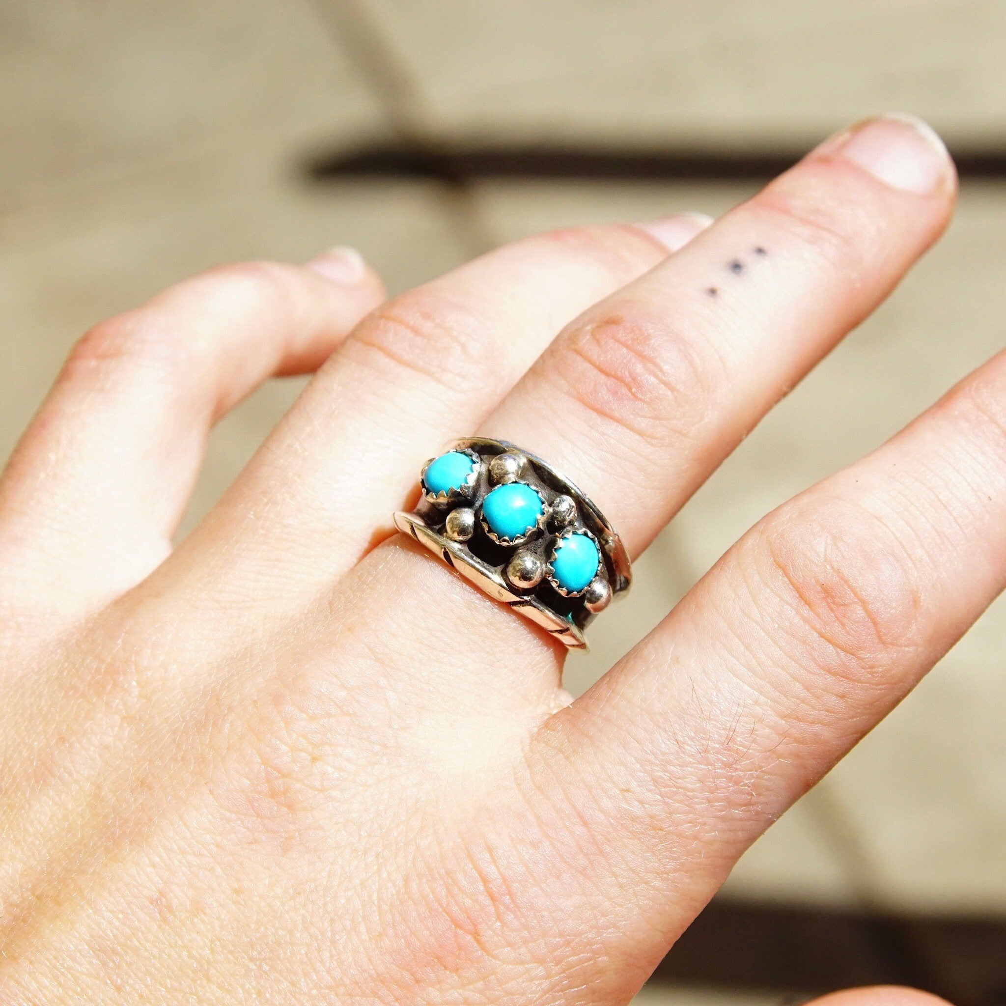 Vintage Signed ML Sterling Silver 3-Stone Turquoise Ring, Accent Silver Drops, Oxidized/Hammered Details, Native American, Size 8 1/4 US
