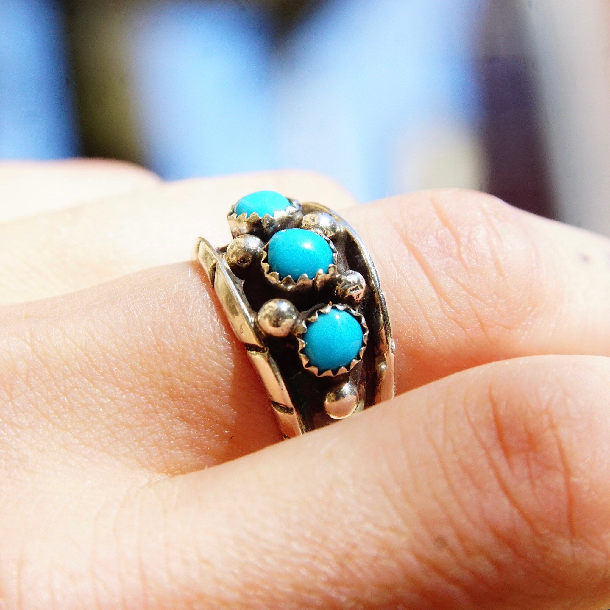 Vintage Signed ML Sterling Silver 3-Stone Turquoise Ring, Accent Silver Drops, Oxidized/Hammered Details, Native American, Size 8 1/4 US